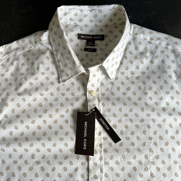 Michael Kors Men’s Slim Fit Stretch White/Tan Pattern Button Up Size XXL NWT $98 - Picture 9 of 13
